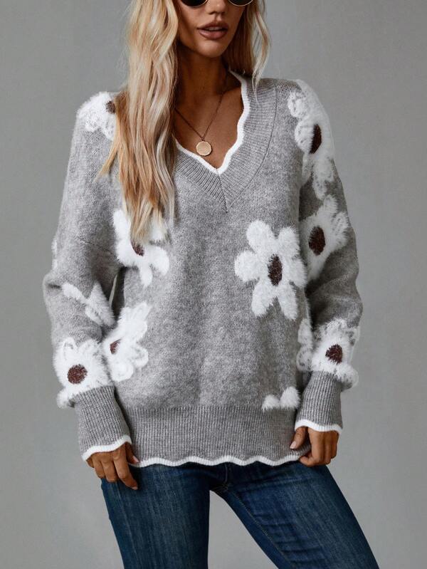 THEA | PULL ÉLÉGANT À FLEURS COL V