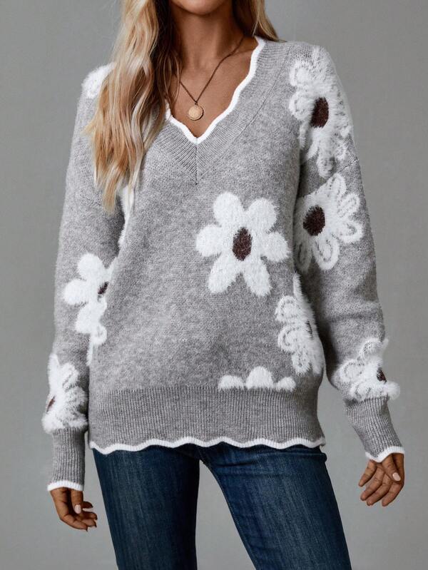 THEA | PULL ÉLÉGANT À FLEURS COL V