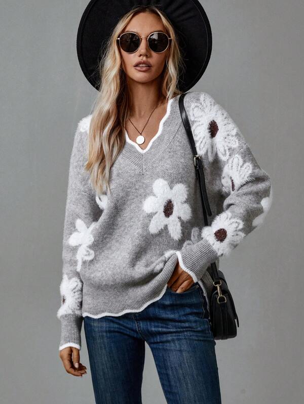 THEA | PULL ÉLÉGANT À FLEURS COL V