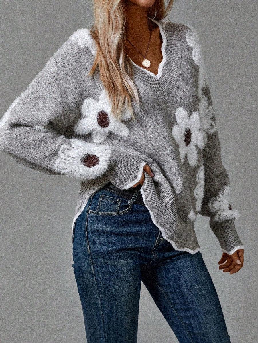THEA | PULL ÉLÉGANT À FLEURS COL V